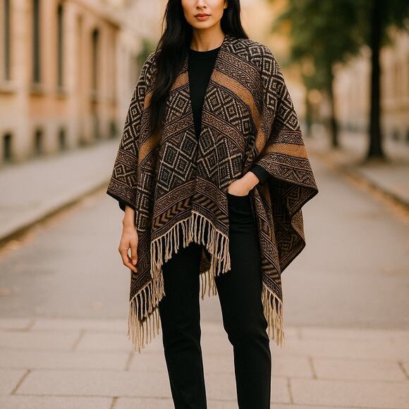 Women’s Viscose Boho Western Fringe Cozy Poncho OS - Picture 1 of 5